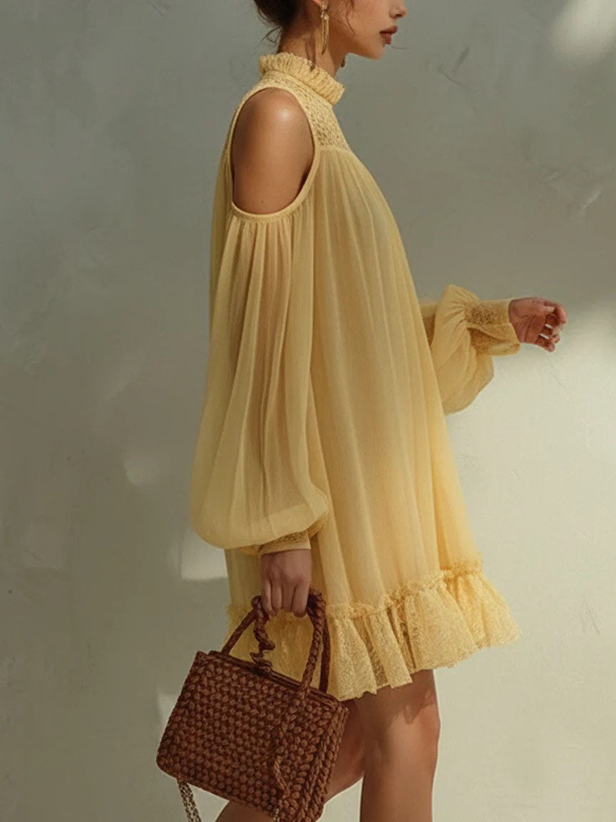 Lace Trim Cold-Shoulder Chiffon Mini Dress