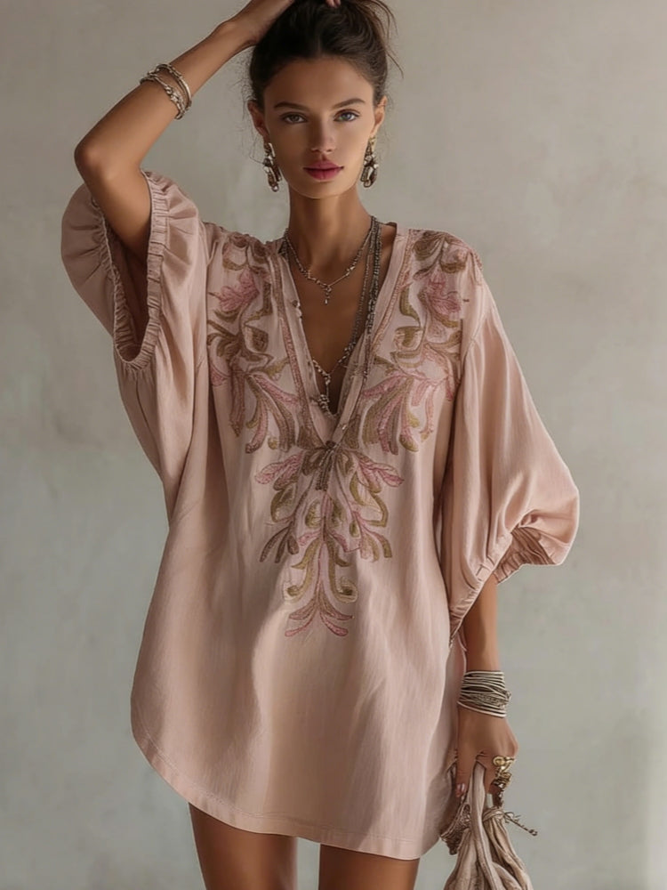 Embroidered Linen Mini Dress