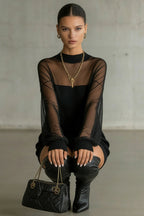 Sheer-Sleeve High-Neck Mini Dress