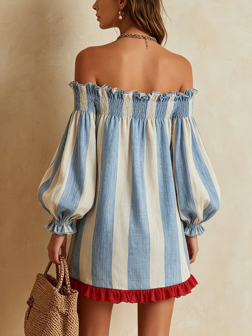 Blue and white striped off-the-shoulder mini dress with a contrasting hem