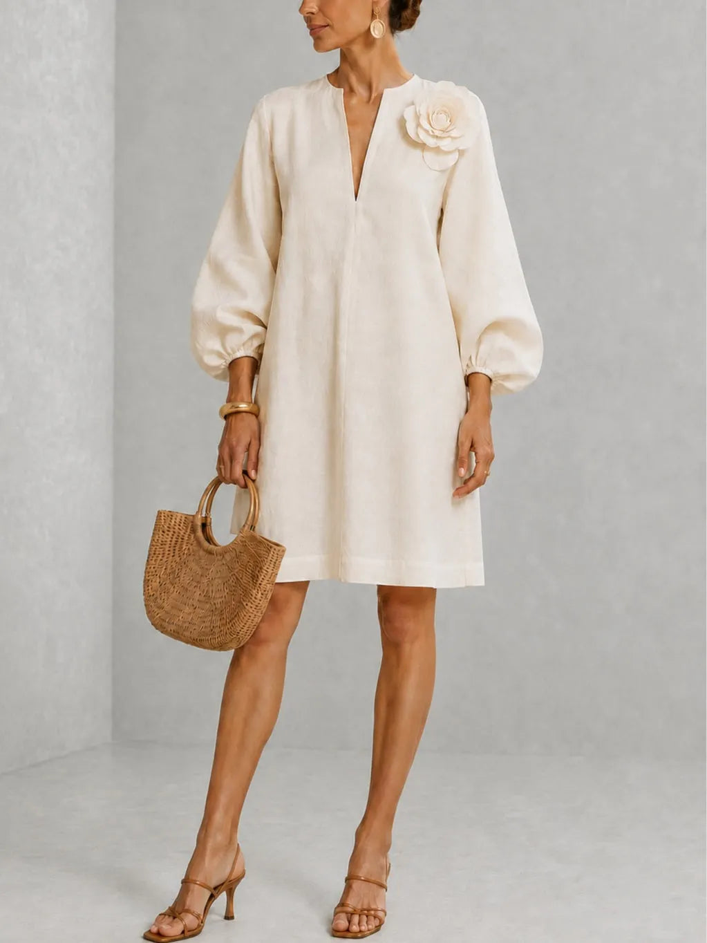 White V-neck Lantern-sleeve Mini Dress Featuring Striking Floral
