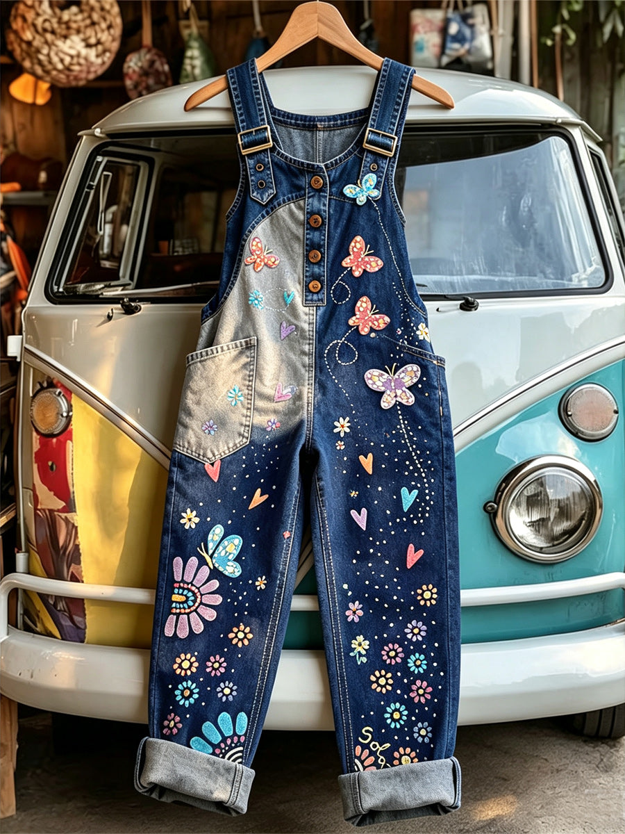 Women's Retro Style Art Print Washed Cotton Denim Patchwork Jumpsuit