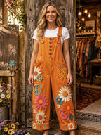 Women's Retro Style Art Print Washed Cotton Denim Patchwork Jumpsuit