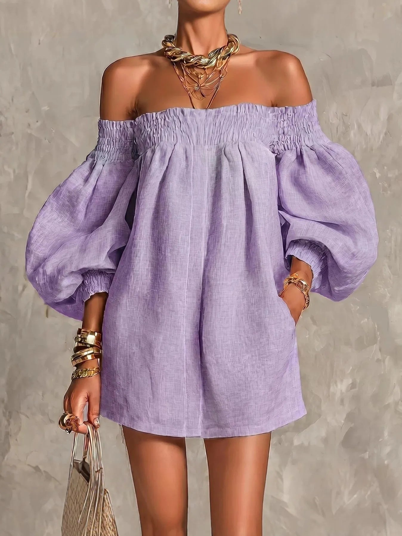 Pink Off-shoulder Lantern Sleeve A-line Loose Mini Dress