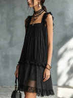 Black Lace-trimmed Ruffled Sheer Polka Dot Mini Dress