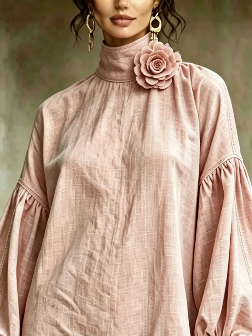 Pink 3D floral high-neck lantern-sleeve mini dress