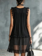 Black Lace-trimmed Ruffled Sheer Polka Dot Mini Dress
