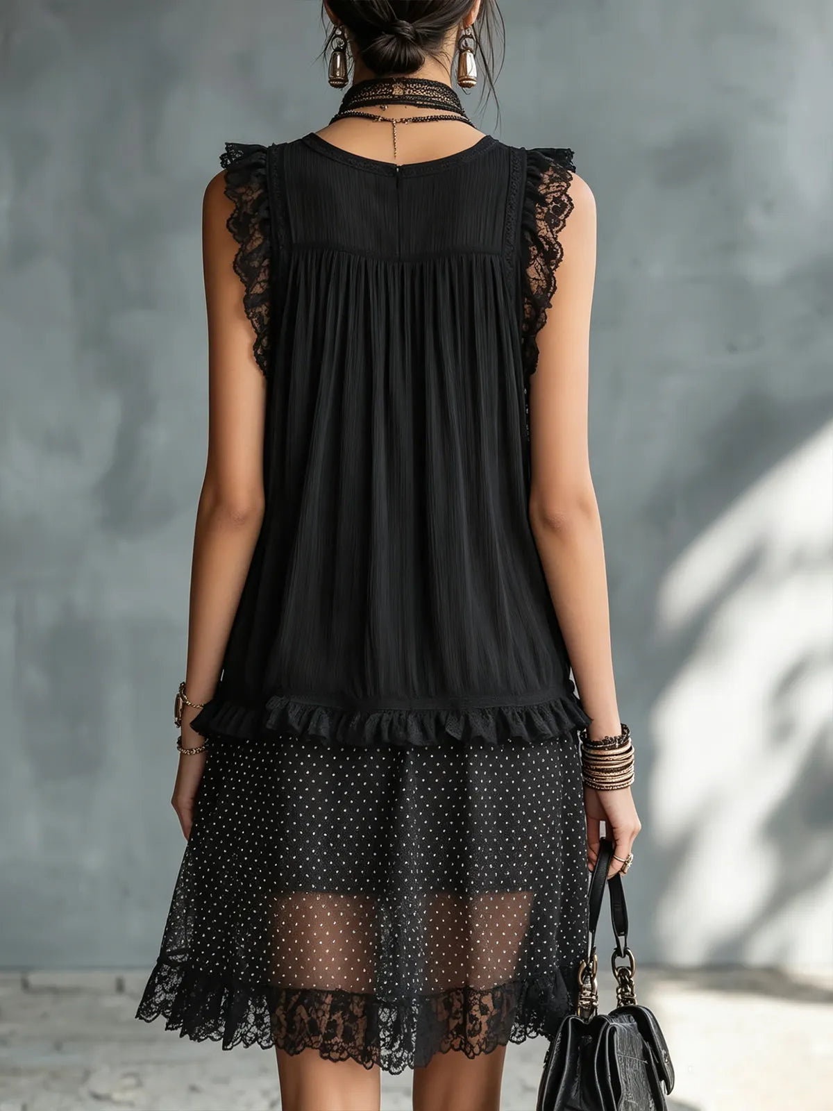 Black Lace-trimmed Ruffled Sheer Polka Dot Mini Dress