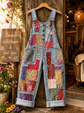 Women's Retro Style Art Print Washed Cotton Denim Patchwork Jumpsuit