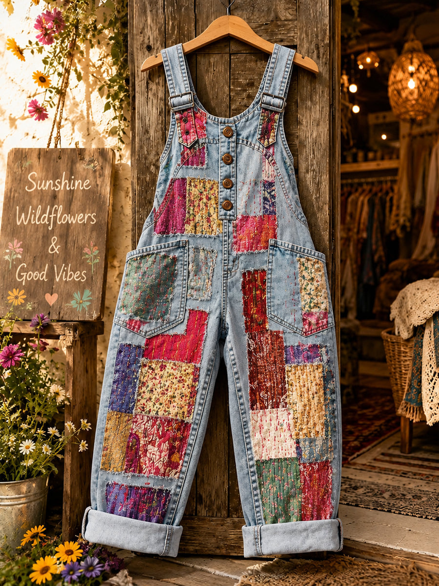 Women's Retro Style Art Print Washed Cotton Denim Patchwork Jumpsuit