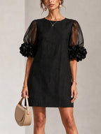 Black Organza Puff-sleeved Mini Dress With Striking Floral Cuffs
