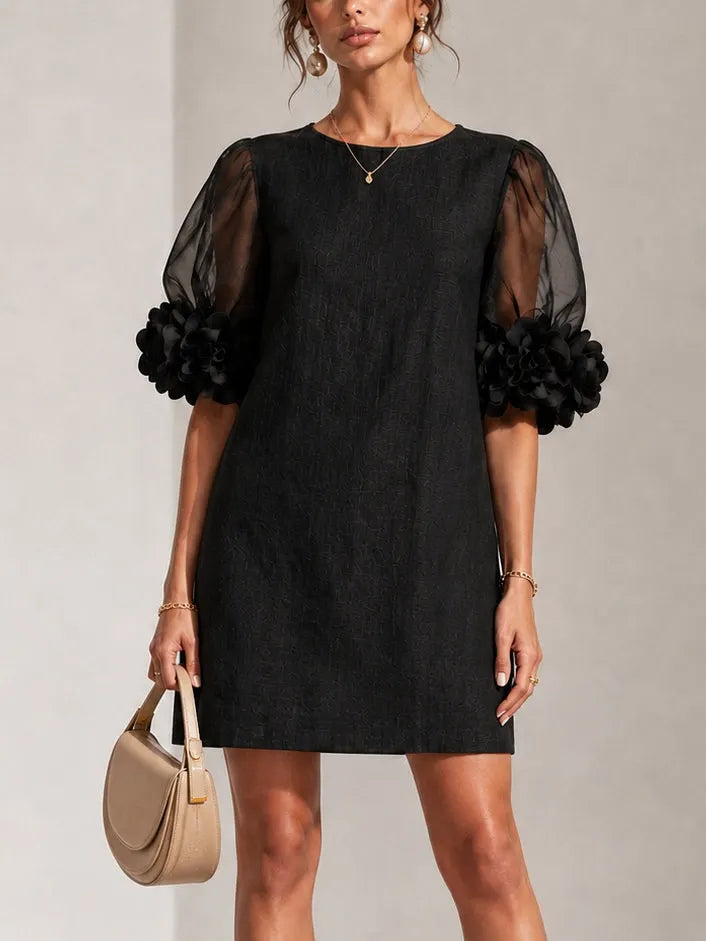 Black Organza Puff-sleeved Mini Dress With Striking Floral Cuffs