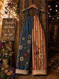 Women's Retro Style Art Print Denim Patchwork Jumpsuit
