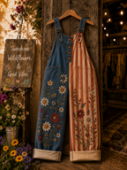 Women's Retro Style Art Print Denim Patchwork Jumpsuit