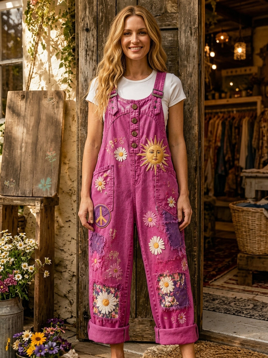 Women's Retro Style Art Print Washed Cotton Denim Patchwork Jumpsuit