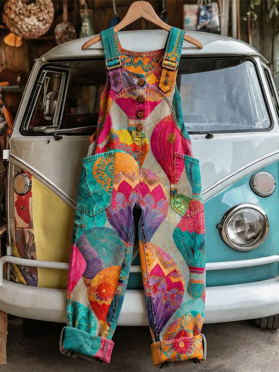 Women's Retro Style Art Print Washed Cotton Denim Patchwork Jumpsuit