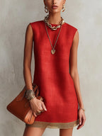 Red Sleeveless Mini Dress With Gold Trim Hem