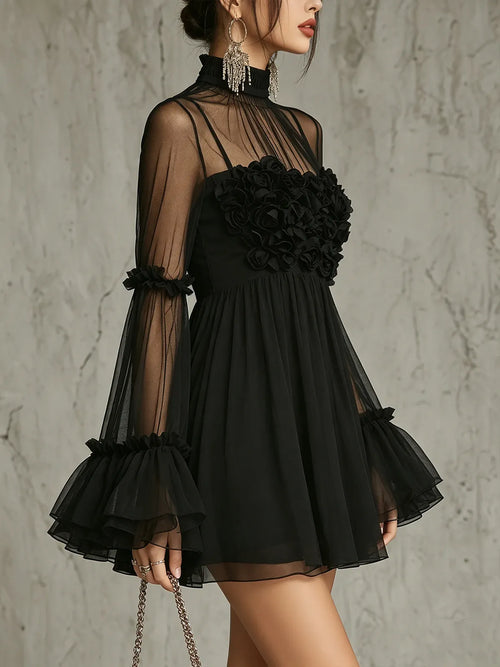 Black Sheer Floral Appliqué High Neck Pleated Chiffon Mini Dress