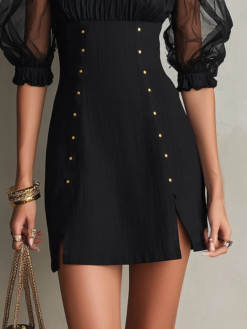 Black Off-Shoulder Puff Sleeve Studded Mini Dress