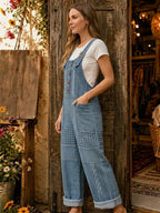 Women's Retro Art Print Denim Patchwork Jumpsuit