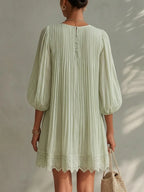 Light Green Ppleated Chiffon Lantern Sleeve Lace Mini Dress