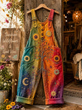 Women's Retro Style Art Print Washed Cotton Denim Patchwork Jumpsuit