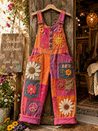 Women's Retro Style Art Print Washed Cotton Denim Patchwork Jumpsuit