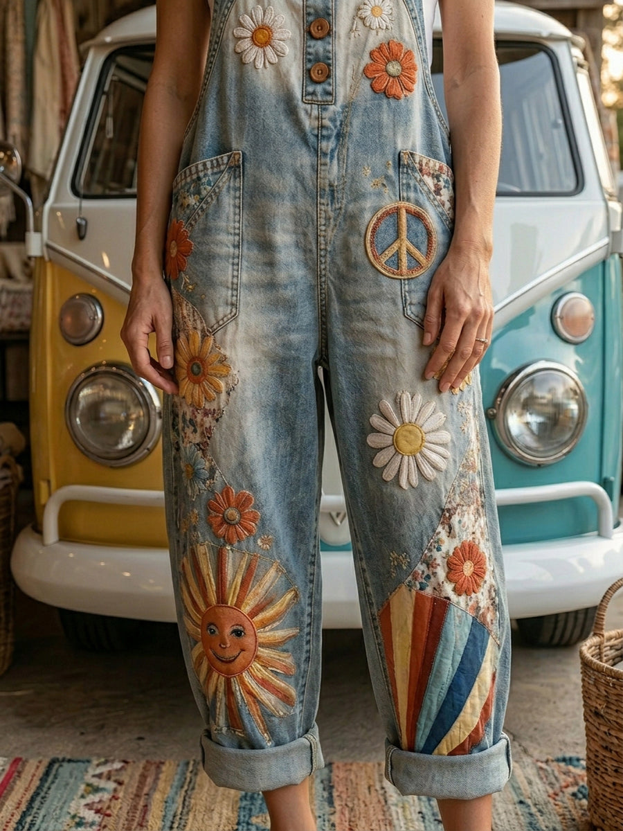 Women's Retro Style Art Print Washed Cotton Denim Patchwork Jumpsuit