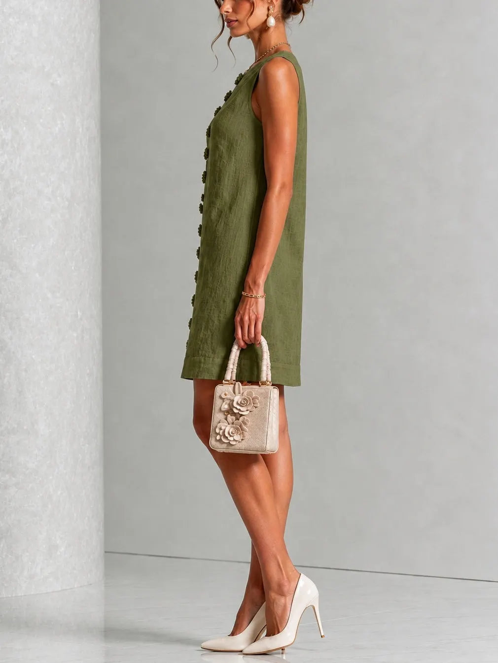 Olive Green Sleeveless Floral Button-front Mini Dress