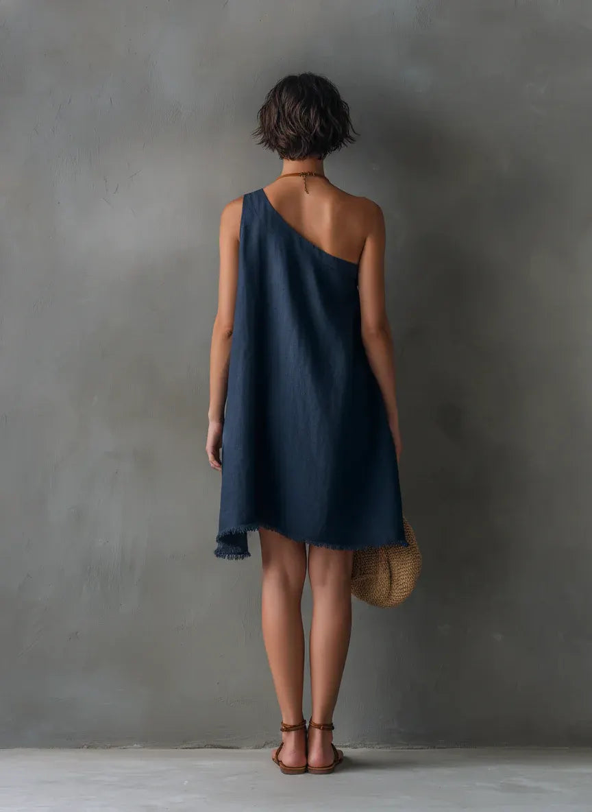 Navy Blue One-shoulder Sleeveless Frayed Mini Dress