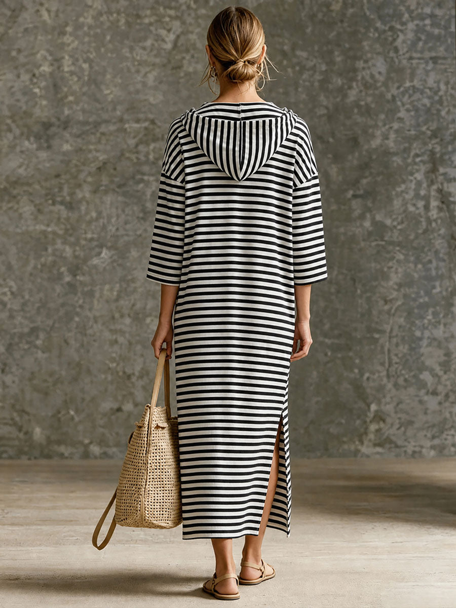 Striped Half-Zip Hooded Midi Dress