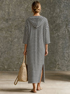 Striped Half-Zip Hooded Midi Dress