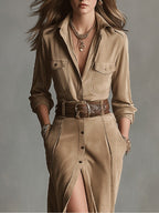 Women's Brown Fashion Suede Midi Dress