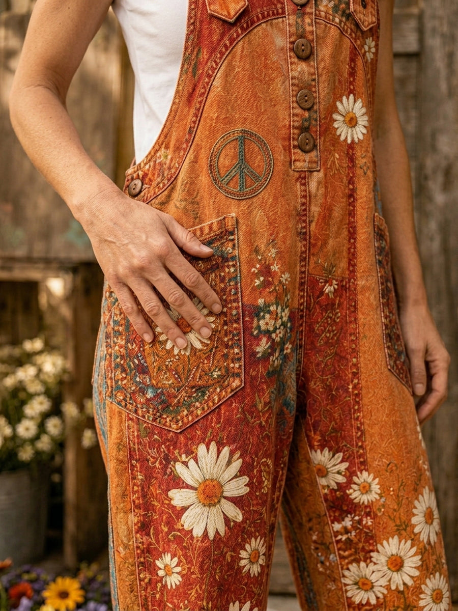 Women's Retro Style Art Print Washed Cotton Denim Patchwork Jumpsuit