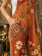 Women's Retro Style Art Print Washed Cotton Denim Patchwork Jumpsuit