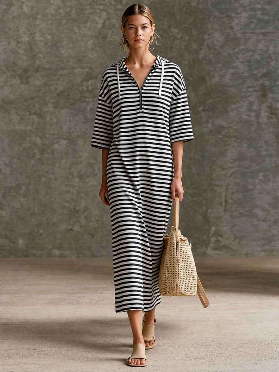 Striped Half-Zip Hooded Midi Dress