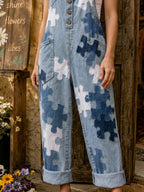 Women's Retro Style Art Print Washed Cotton Denim Patchwork Jumpsuit