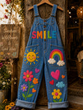 Women's Retro Art Print Denim Patchwork Jumpsuit