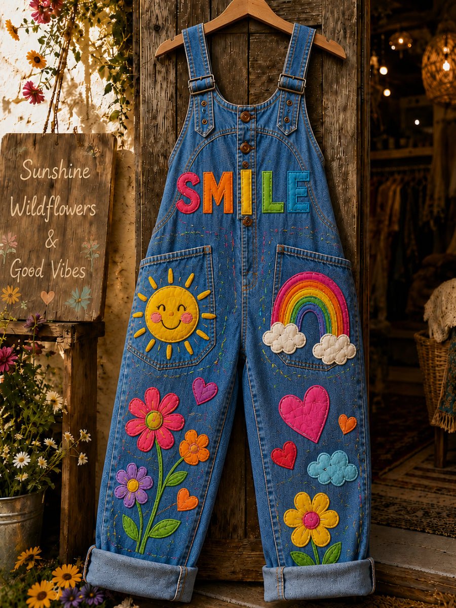 Women's Retro Art Print Denim Patchwork Jumpsuit