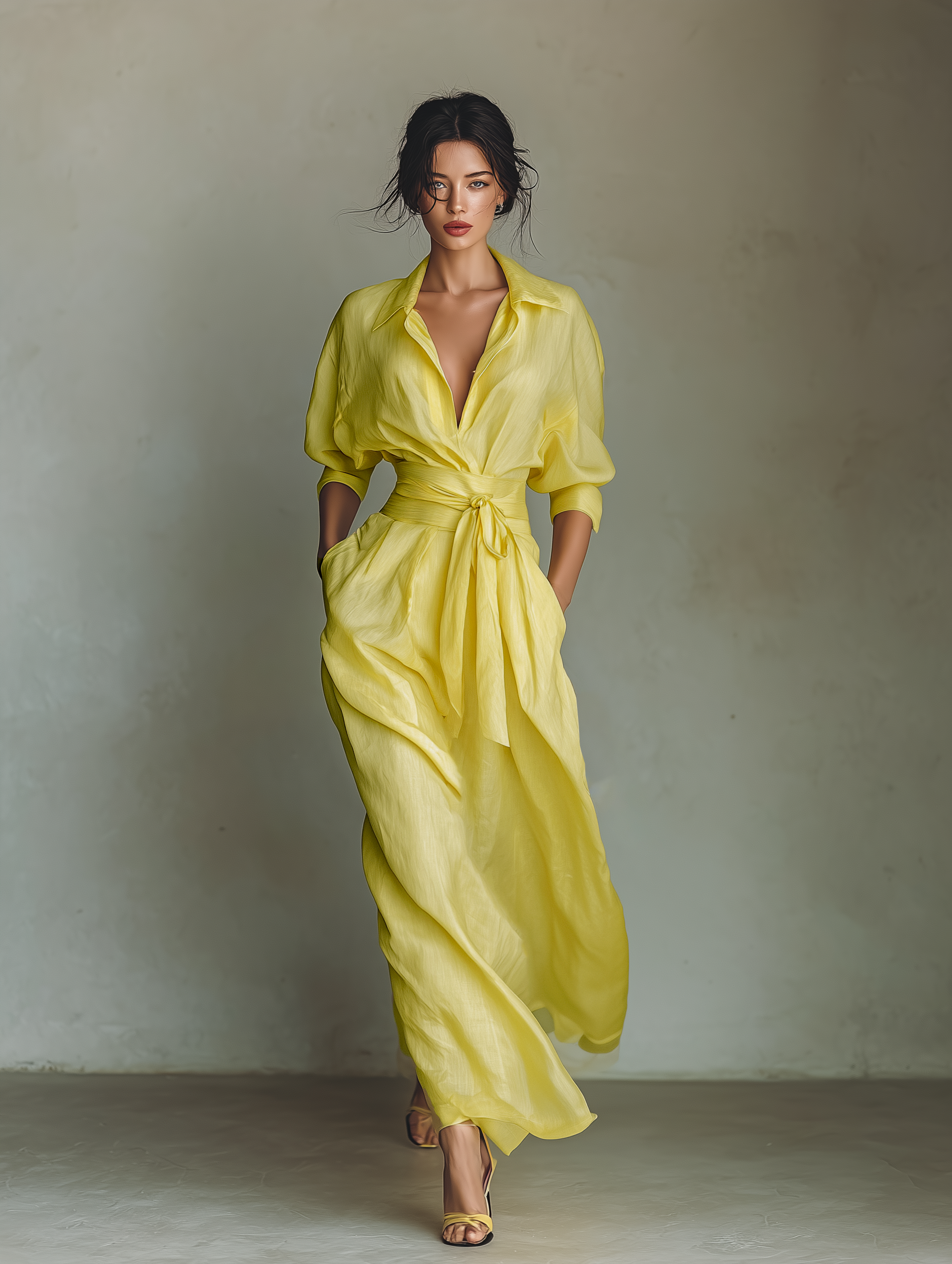 Lemon Yellow Cotton And Linen Blend Maxi Shirt Dress