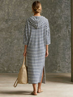 Striped Half-Zip Hooded Midi Dress