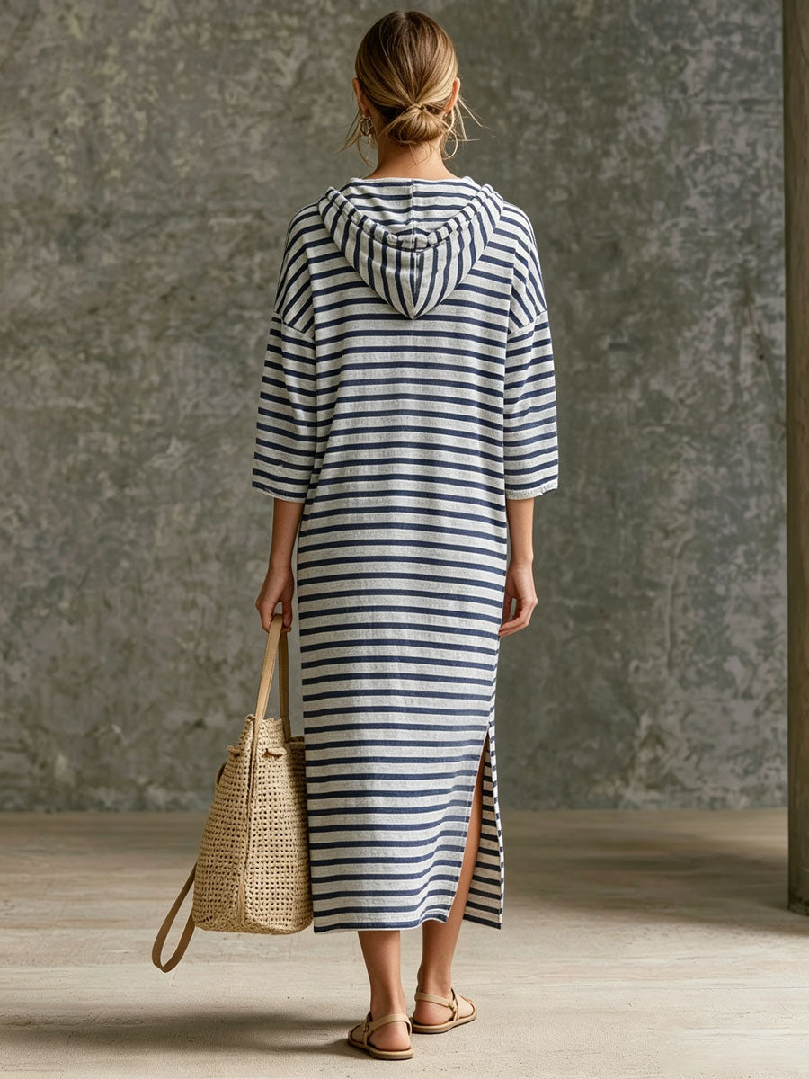 Striped Half-Zip Hooded Midi Dress