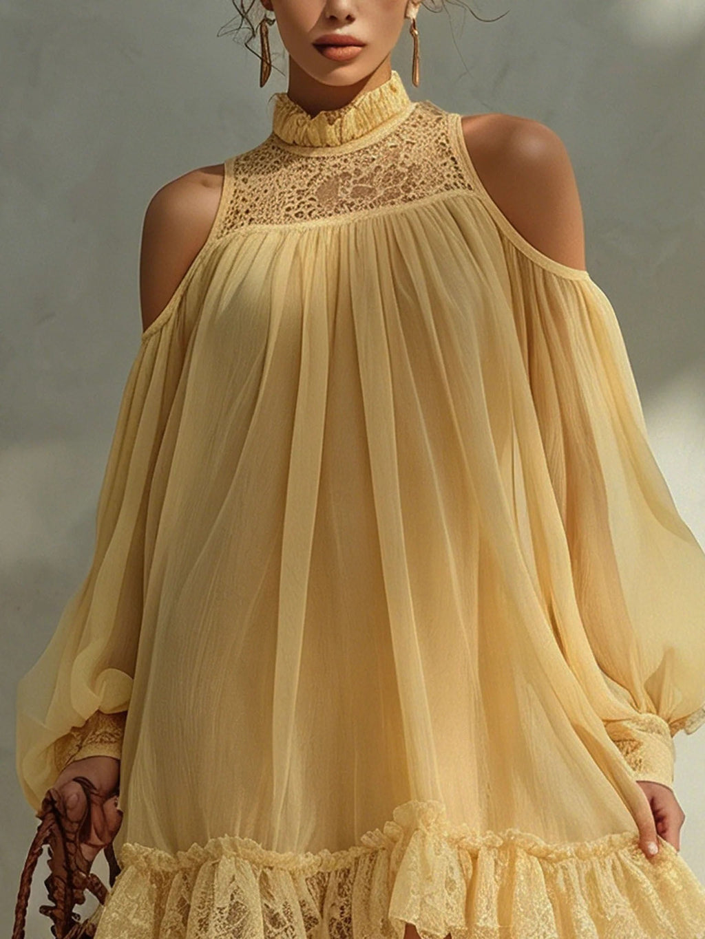 Lace Trim Cold-Shoulder Chiffon Mini Dress