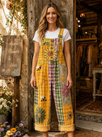 Women's Retro Style Art Print Washed Cotton Denim Patchwork Jumpsuit