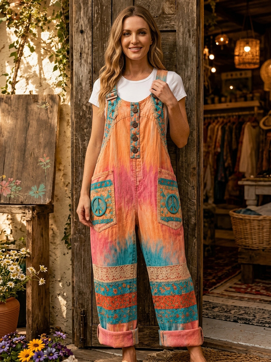 Women's Retro Style Art Print Washed Cotton Denim Patchwork Jumpsuit