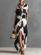 Cotton-Linen Geometric Print Short-Sleeve Maxi Shirt Dress