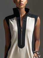 Black & White Color-Block Mini Dress With Stand Collar & Half-Zip