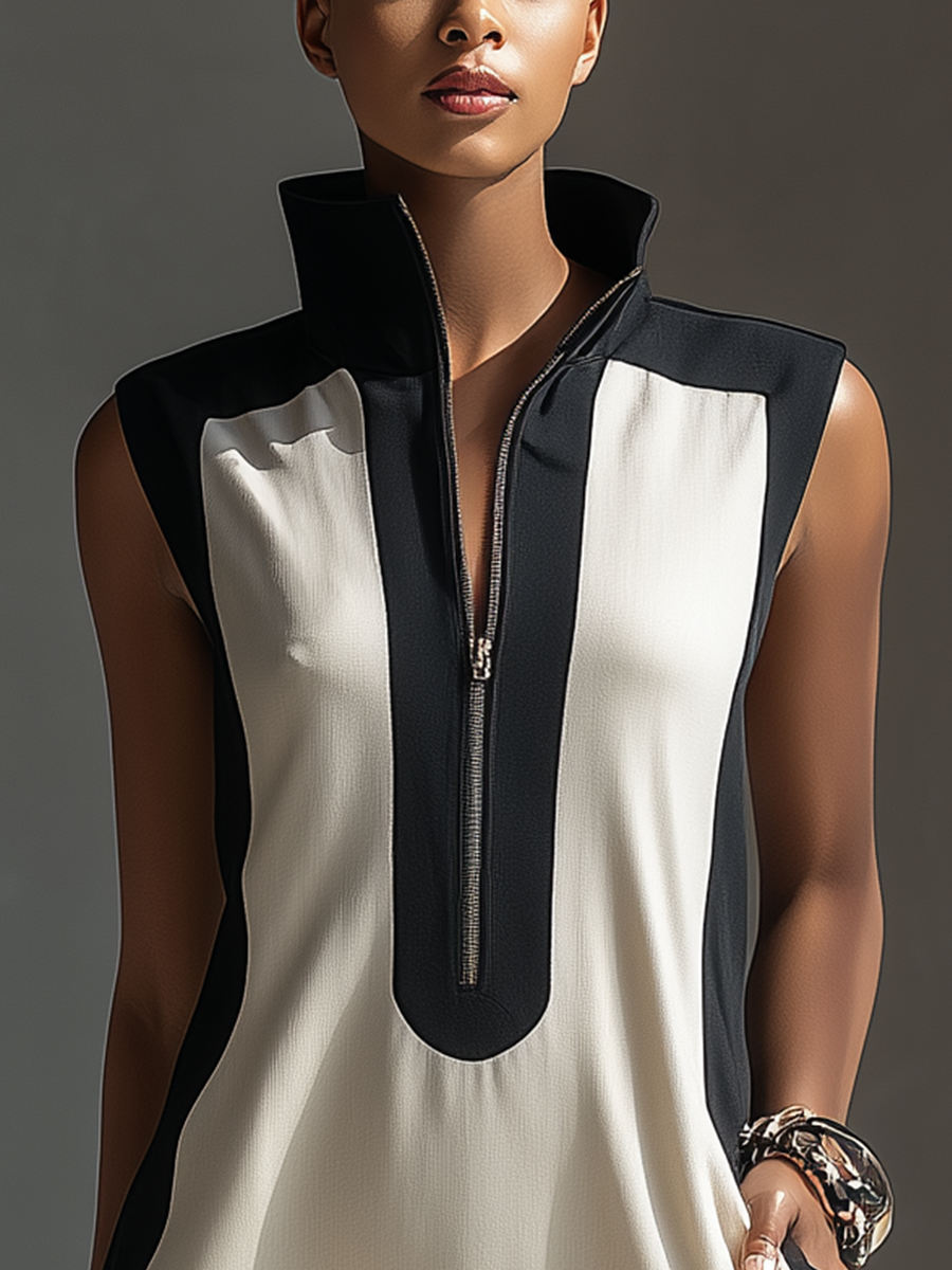 Black & White Color-Block Mini Dress With Stand Collar & Half-Zip
