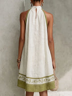 White And Olive Green Floral Sleeveless A-line Mini Dress