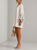 White V-neck Lantern Puff Sleeve Floral Print Mini Dress